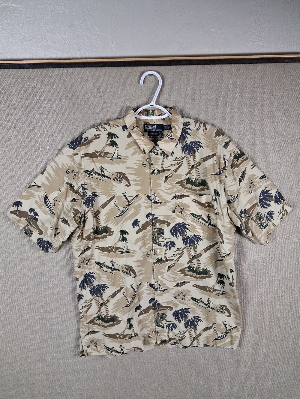Vintage Polo Ralph Lauren Clayton Shirt Mens M Beige Tropical Print Short Sleeve